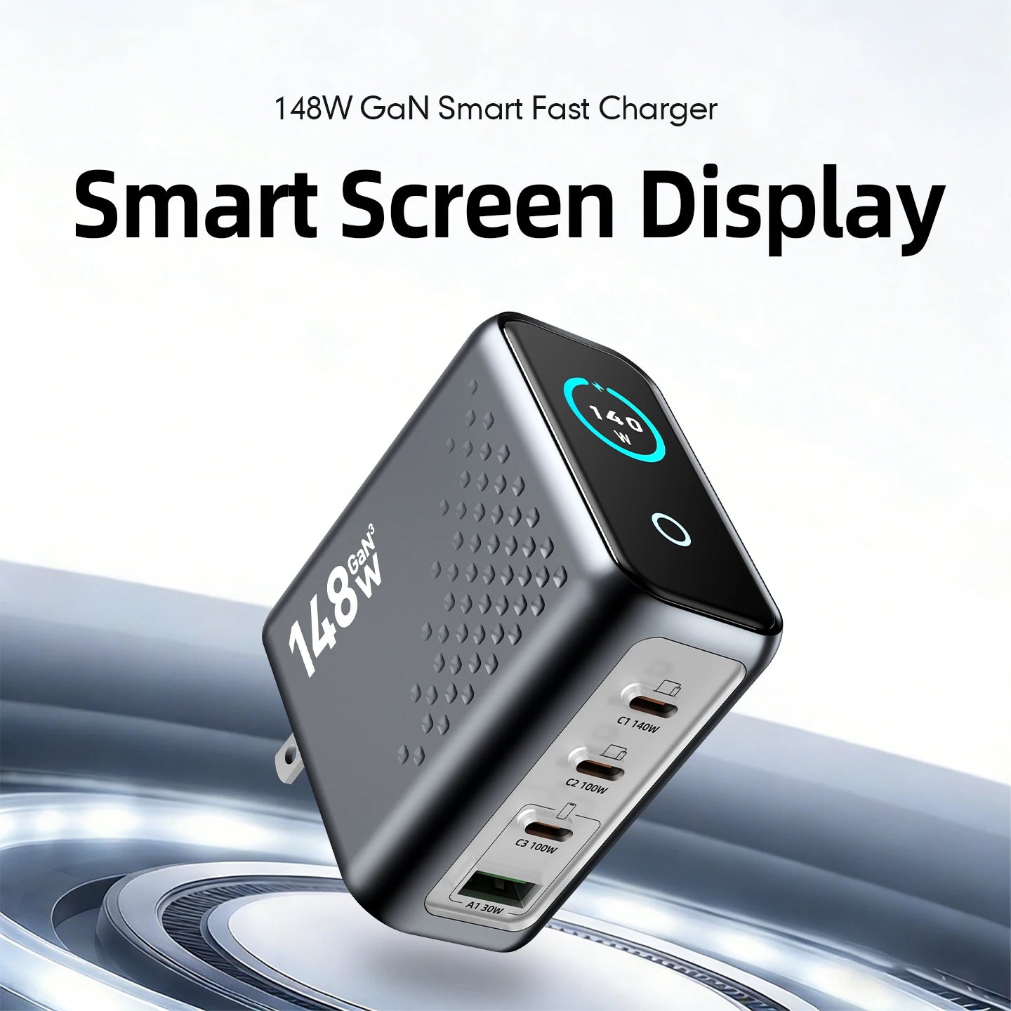 148W GAN Charger  Block with Smart Display,Fast Charger USB C Power Adapter,Touch Controls for MacBook,iPad,iPhone 17/16 Series